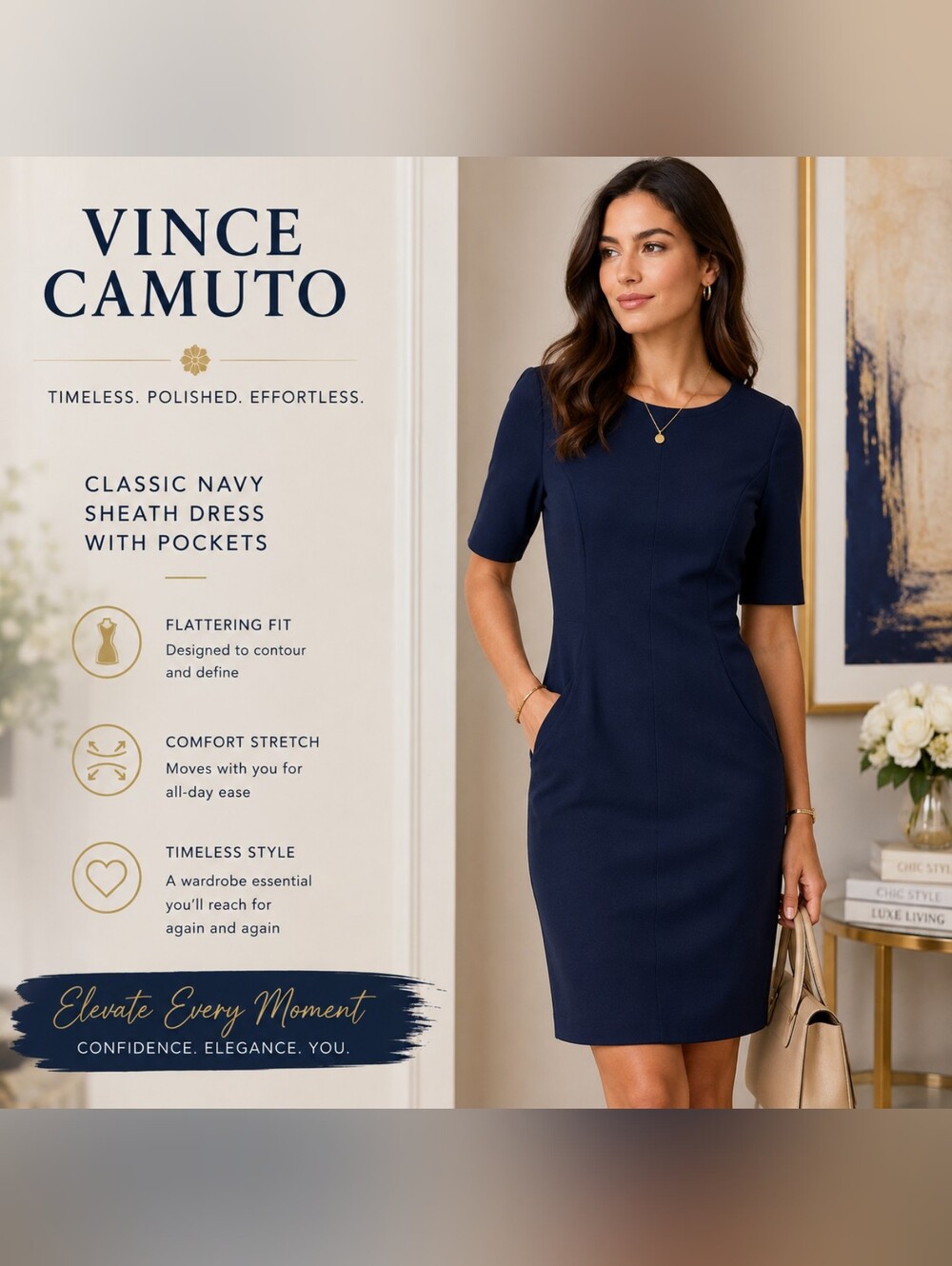 Vince Camuto Navy Short-Sleeve Sheath Dress Size  8